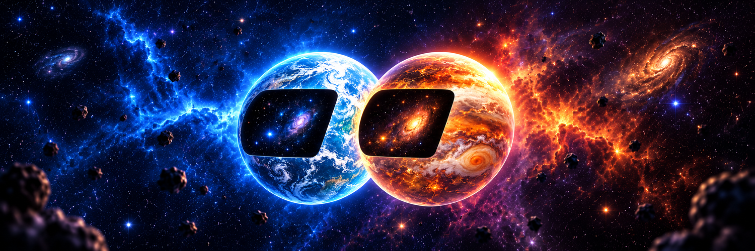 The Cosmo Fomo planets floating between blue and orange galaxies