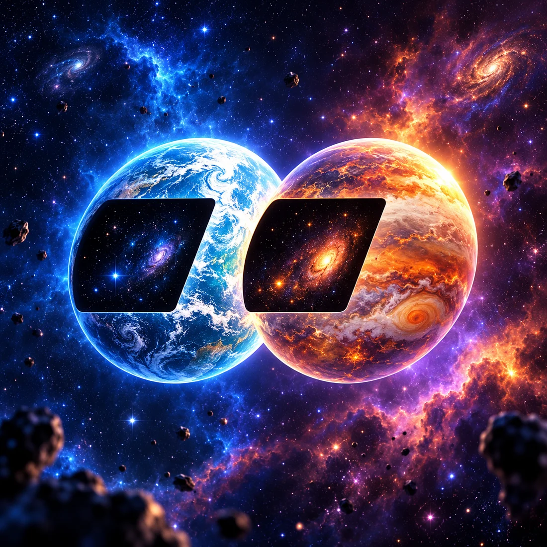 The Cosmo Fomo duo: icy blue and fiery orange planets sharing galaxy sunglasses