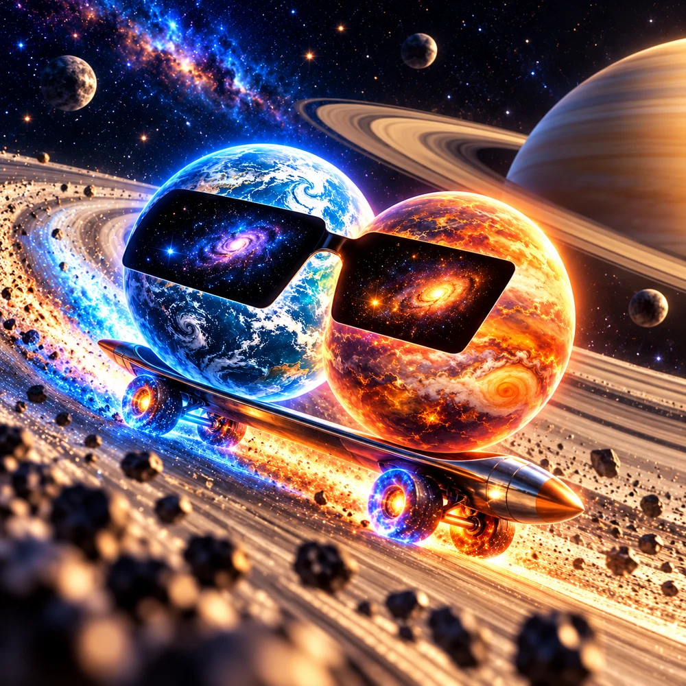 The two planet characters riding a rocket skateboard through the rings of Saturn